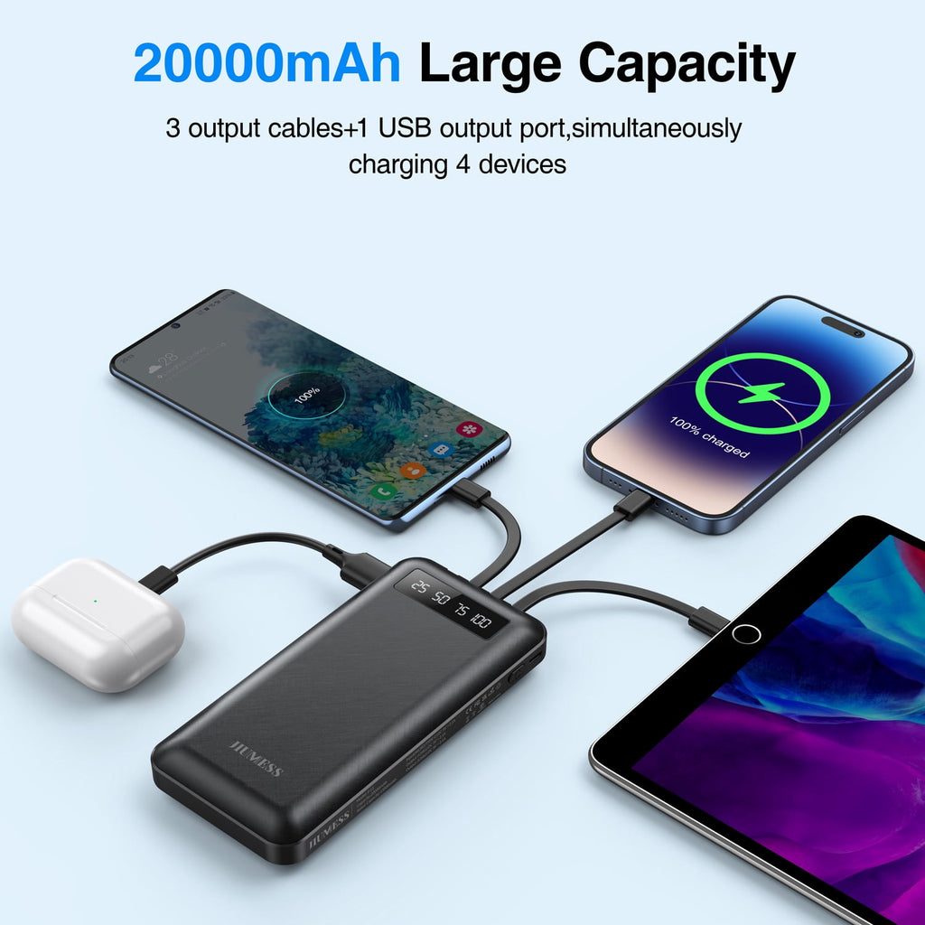 20000mAh Power Bank with Built-In Charging Cables