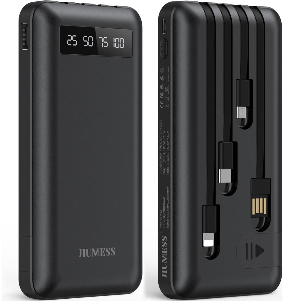 20000mAh Power Bank with Built-In Charging Cables