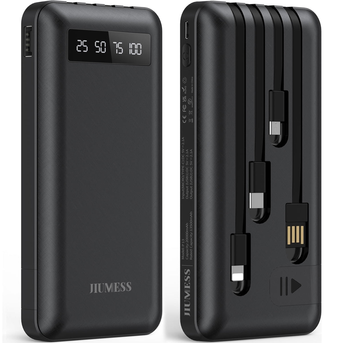 20000mAh Power Bank with Built-In Charging Cables
